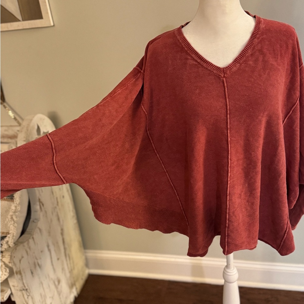 She + Sky V-Neck Sweater - Brick Red Oversized